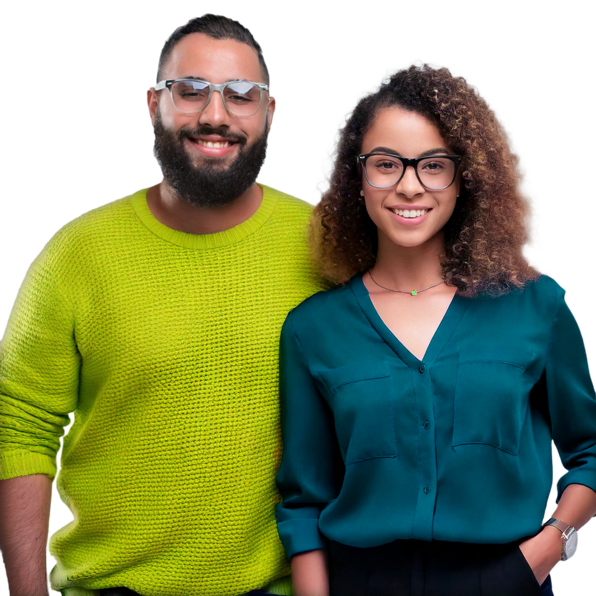 Smiling couple wearing stylish glasses and colorful outfits.