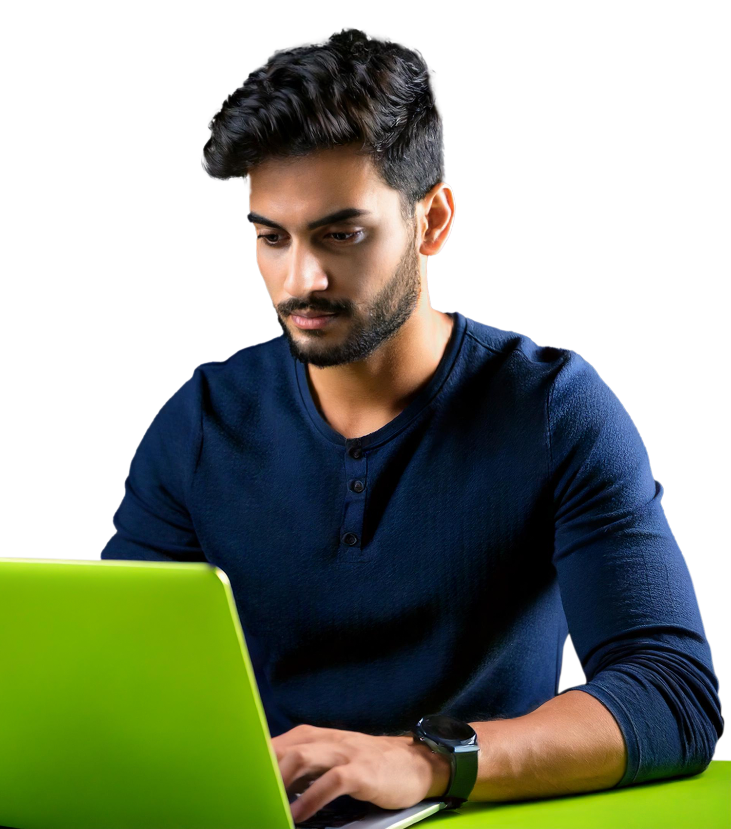 Man working on a green laptop