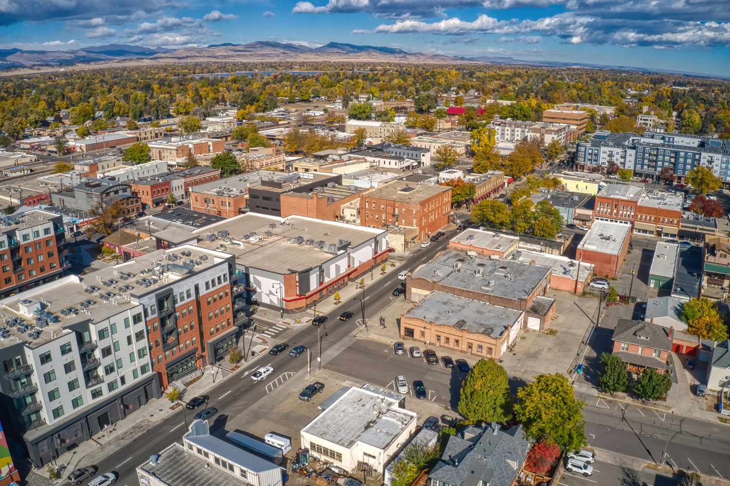 Aerial view of Loveland, Colorado with autumn trees.
