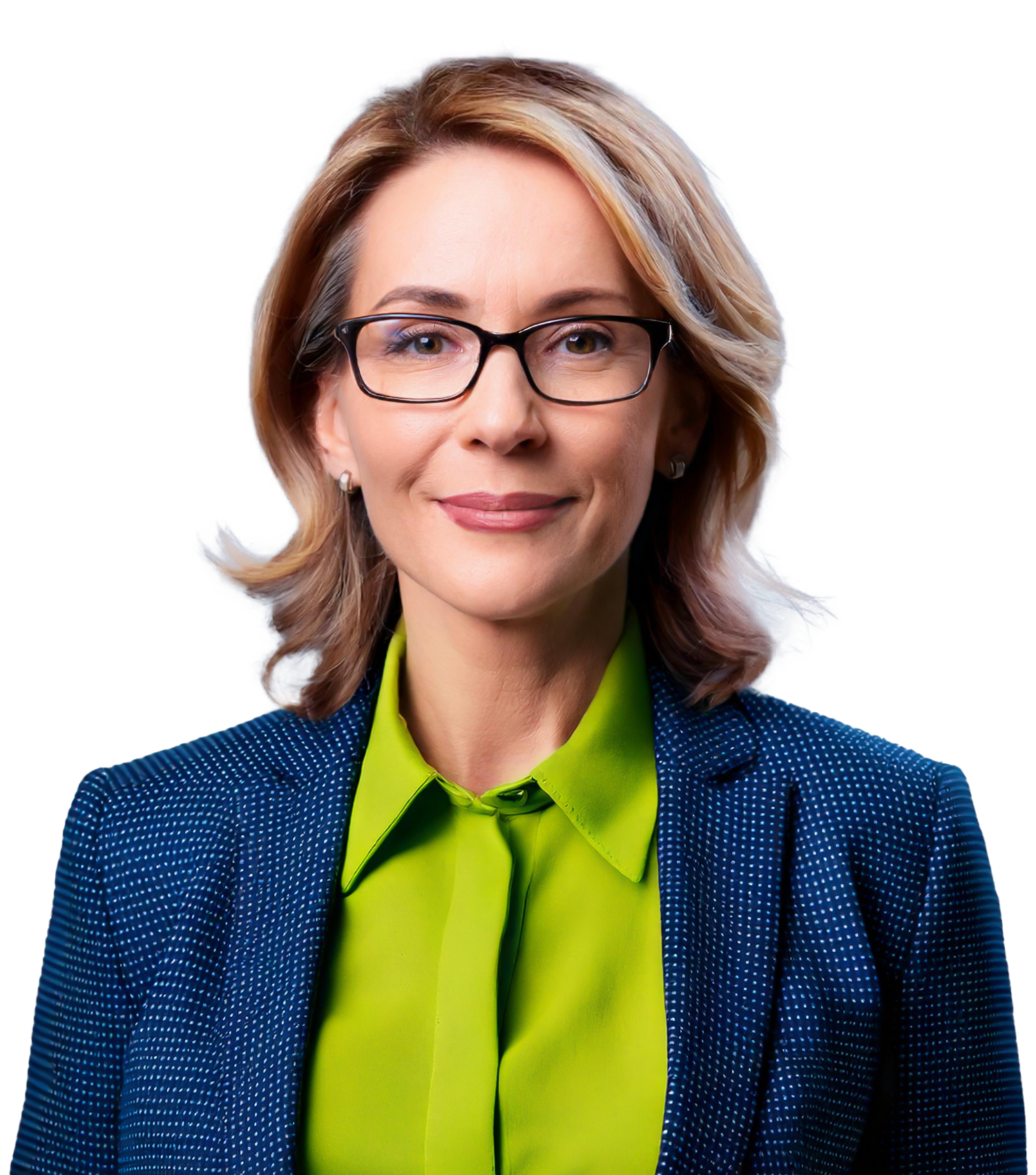 Professional woman with glasses and blond hair smiling.