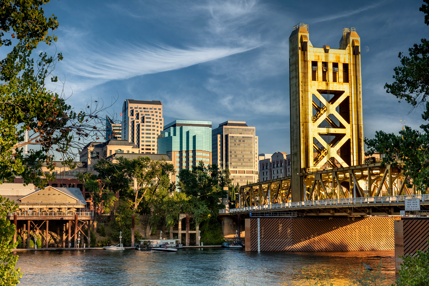 Sacramento Tower Bridge and skyline at sunset