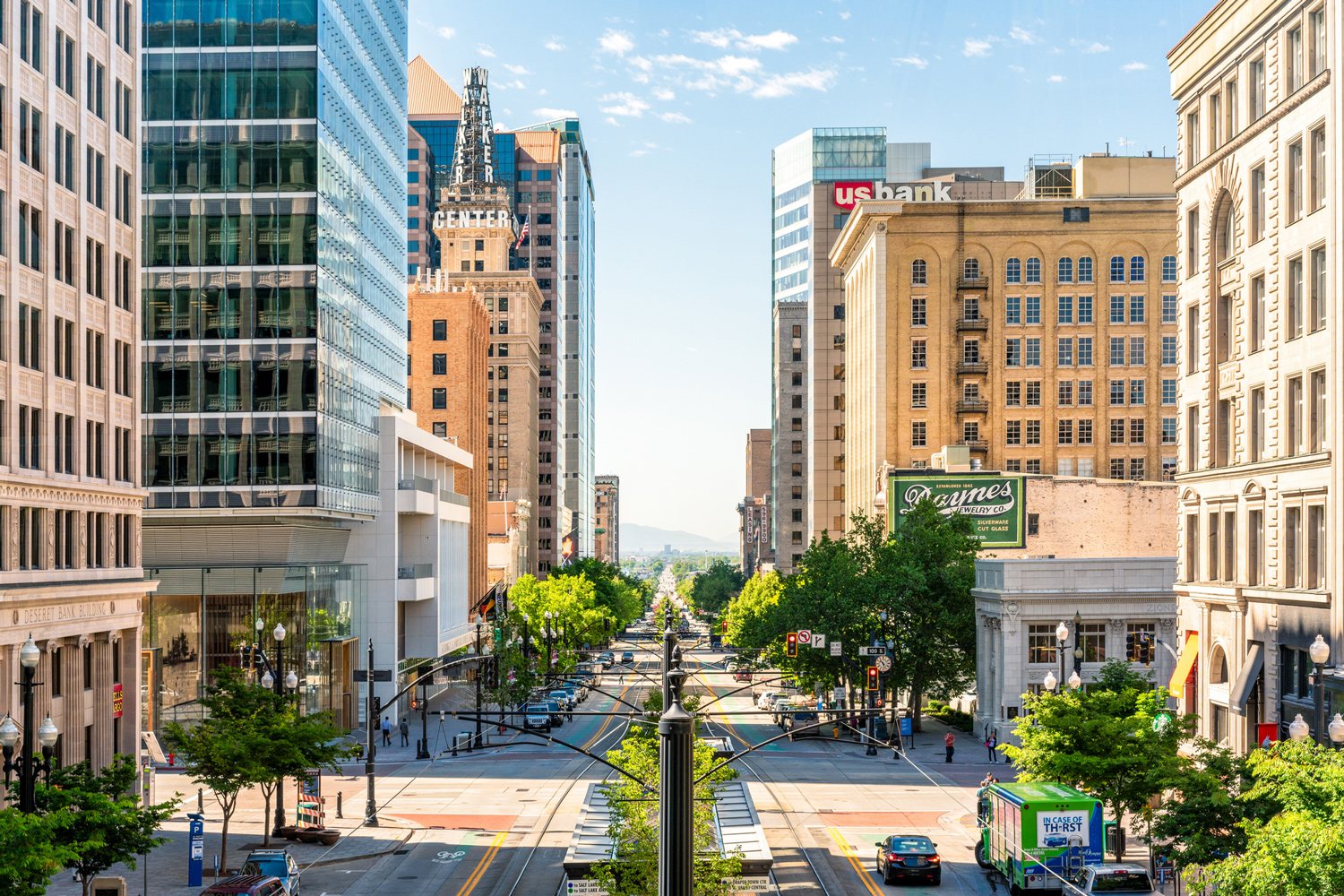 Salt Lake City downtown street view on a sunny day.