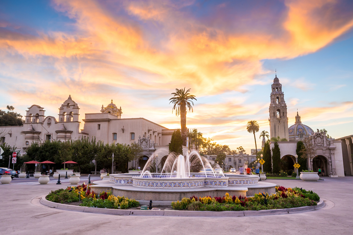 Fountain and historic buildings during sunset in San Diego, California.