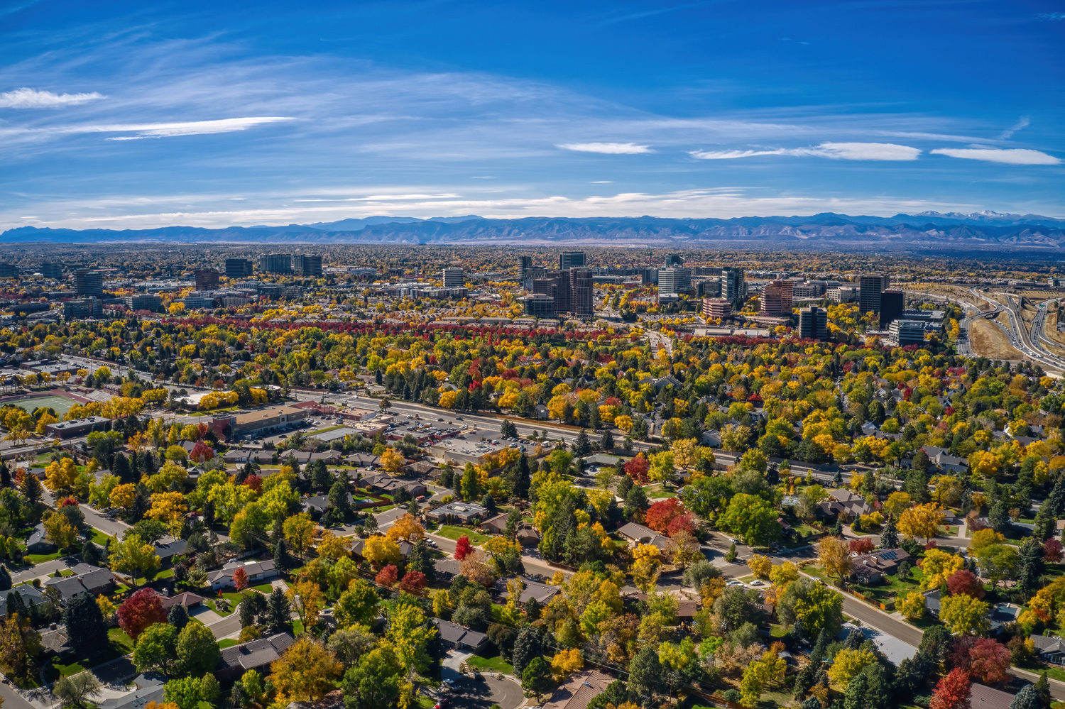 Aerial view of Aurora, Colorado in colorful autumn.