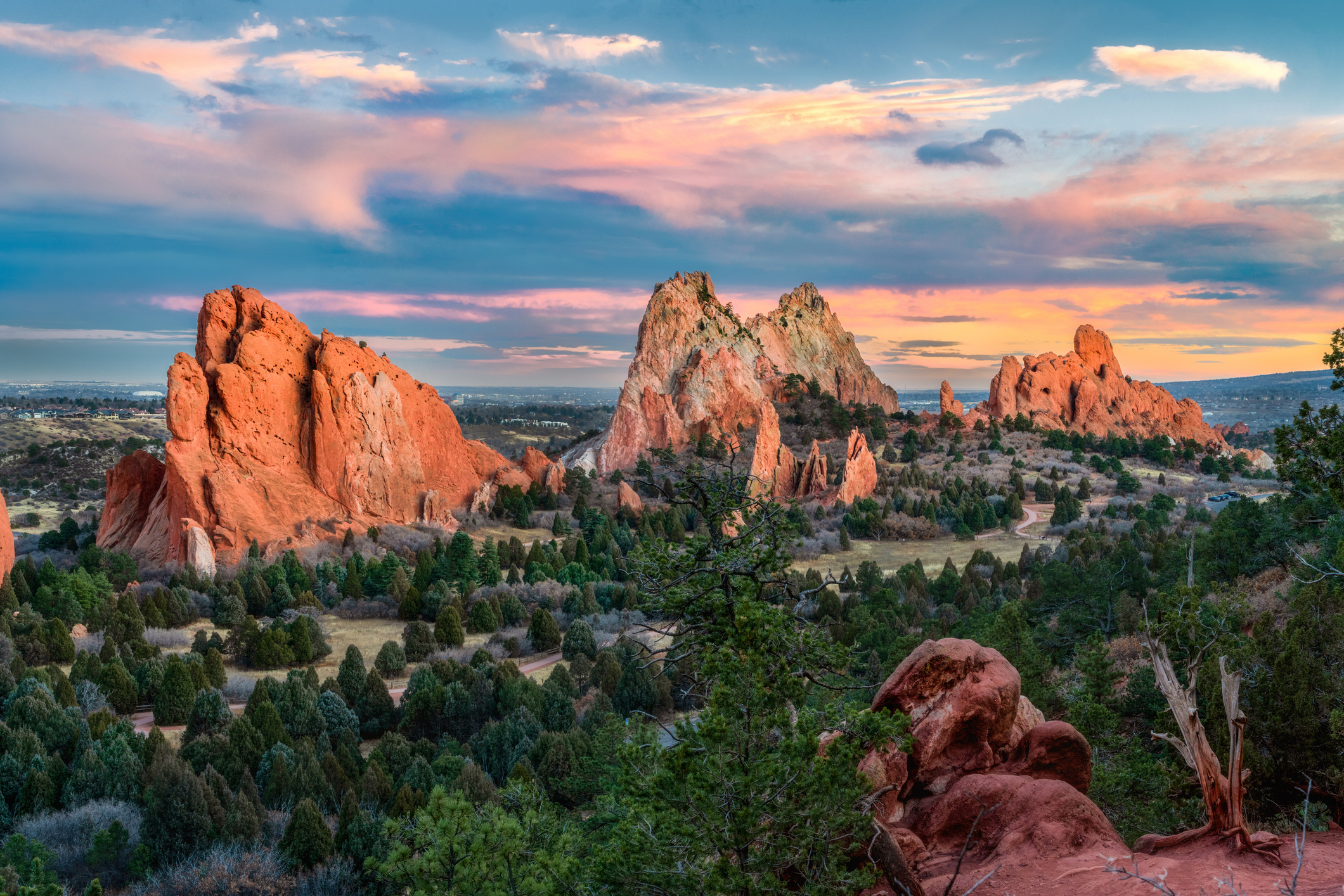 Garden of the Gods at sunset, colorful sky in Colorado Springs, Colorado.