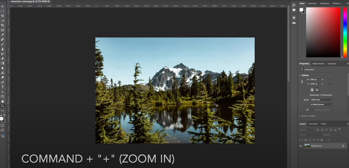 Photoshop editing mountain scene with commands.